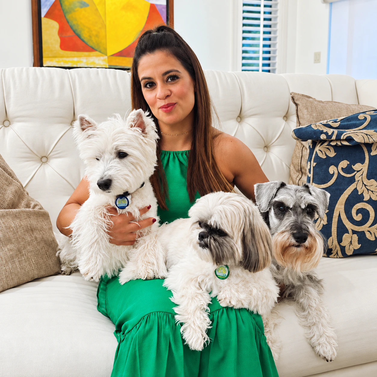 Laura Torrente seated at home with three dogs